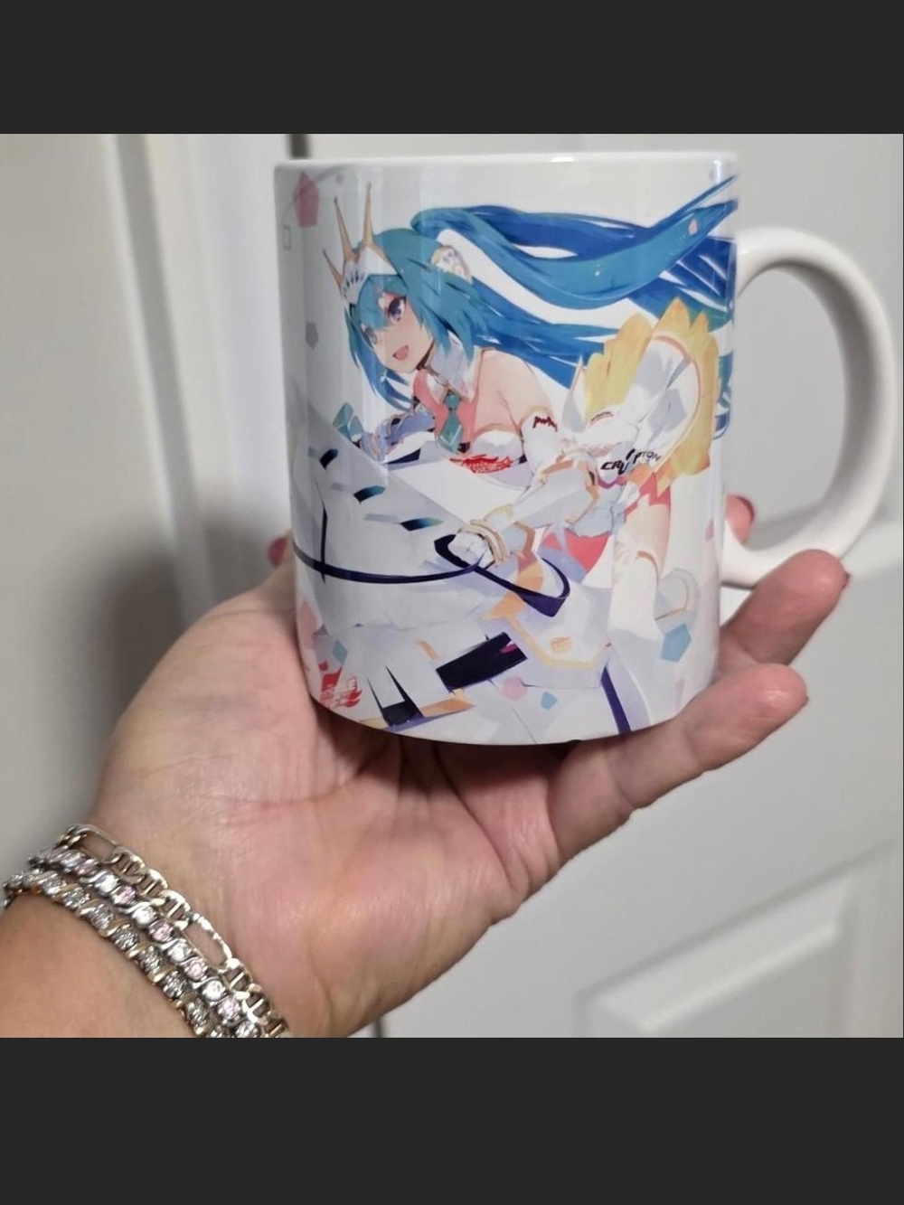 White Ceramic Mug with Blue Anime Character Print - Unbranded